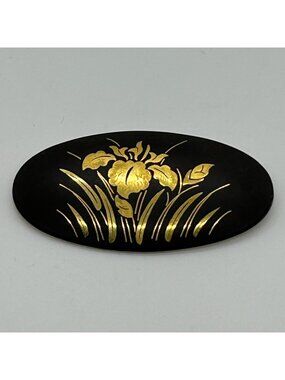 Vintage Japanese Damascene Brooch Gold-tone Inlay Black Oval Iris Flower Pin